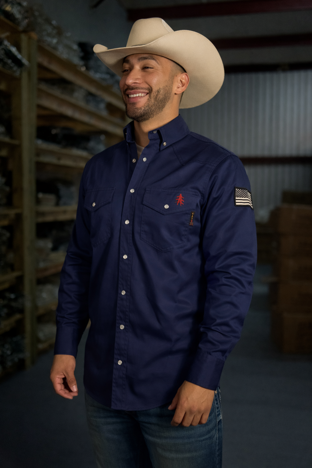 FR Western Style Pearl Snap Navy Shirt | Static FR