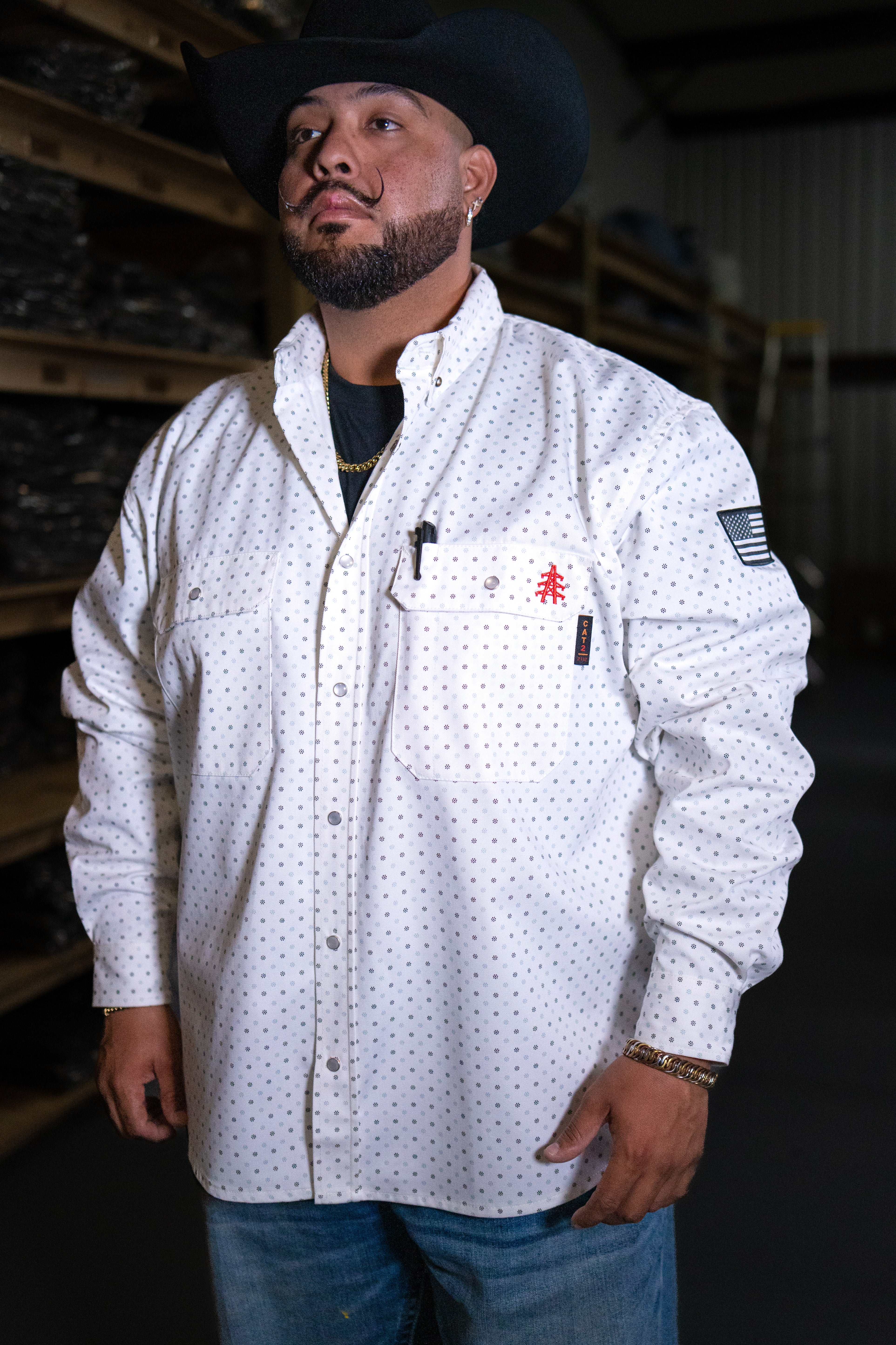 FR Pearl Snap Work Shirt - Phantom White - With U.S Flag – Static FR