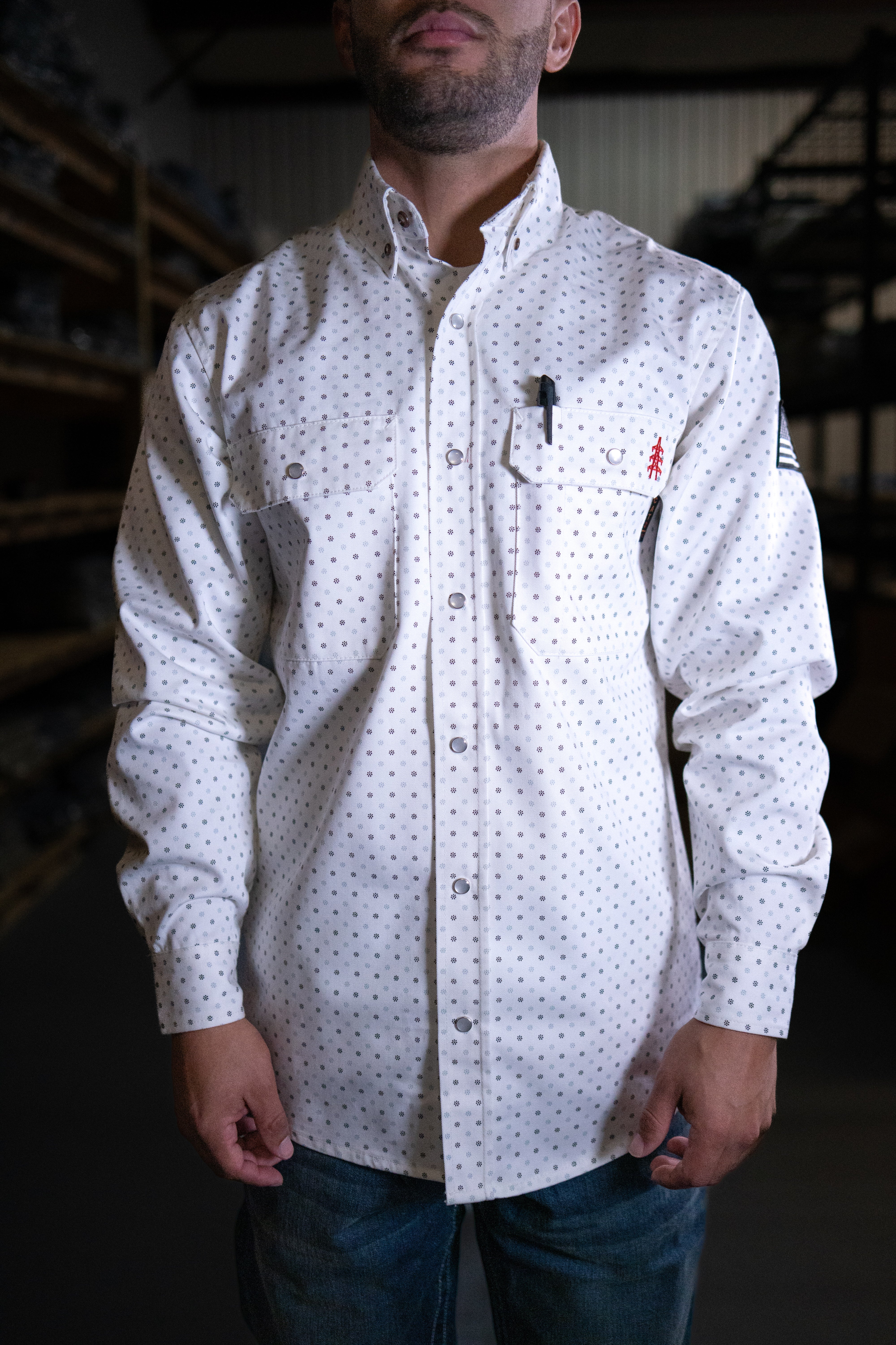 FR Pearl Snap Work Shirt - Phantom White - With U.S Flag – Static FR
