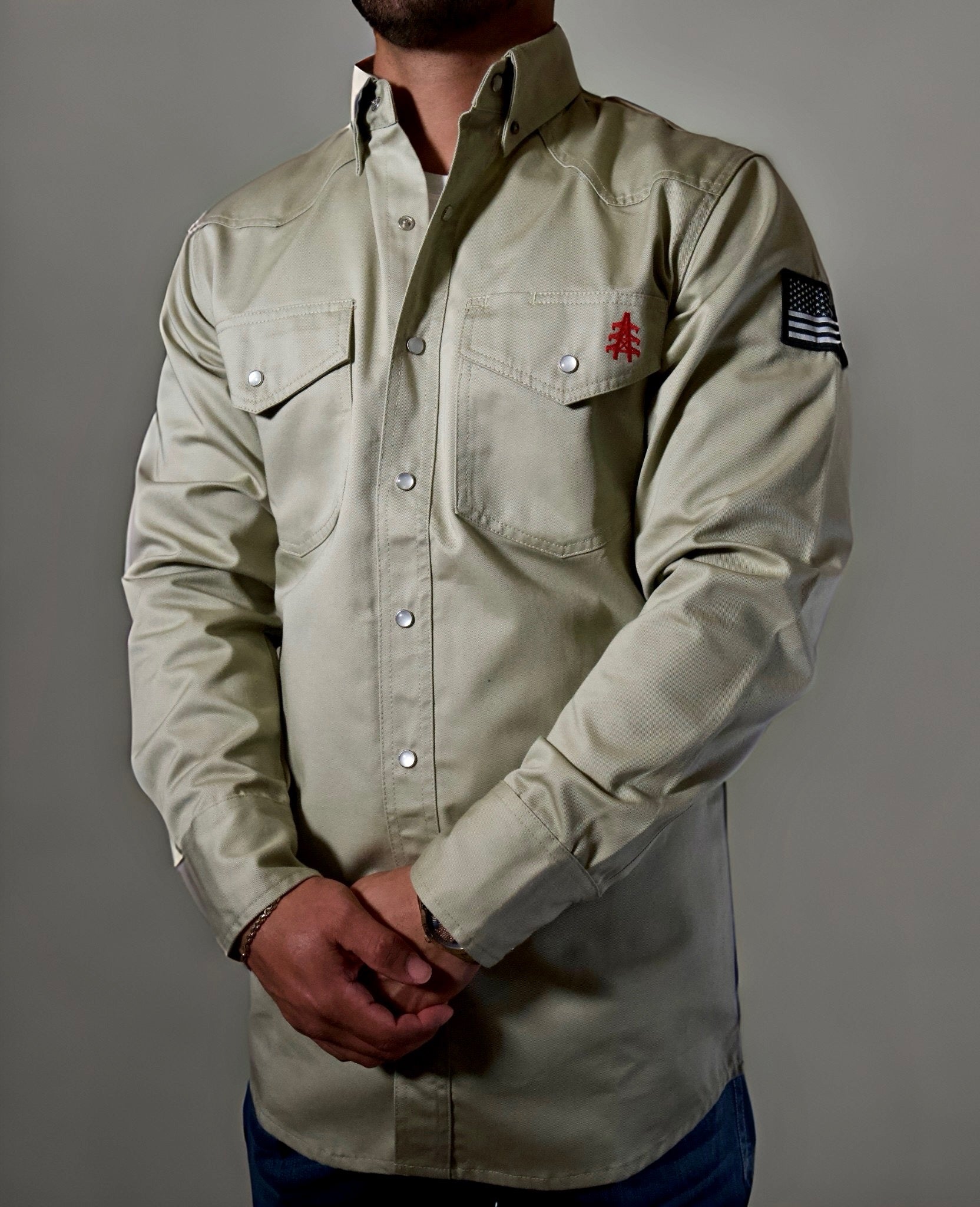 FR Western Style Pearl Snap Khaki Shirt | Static FR